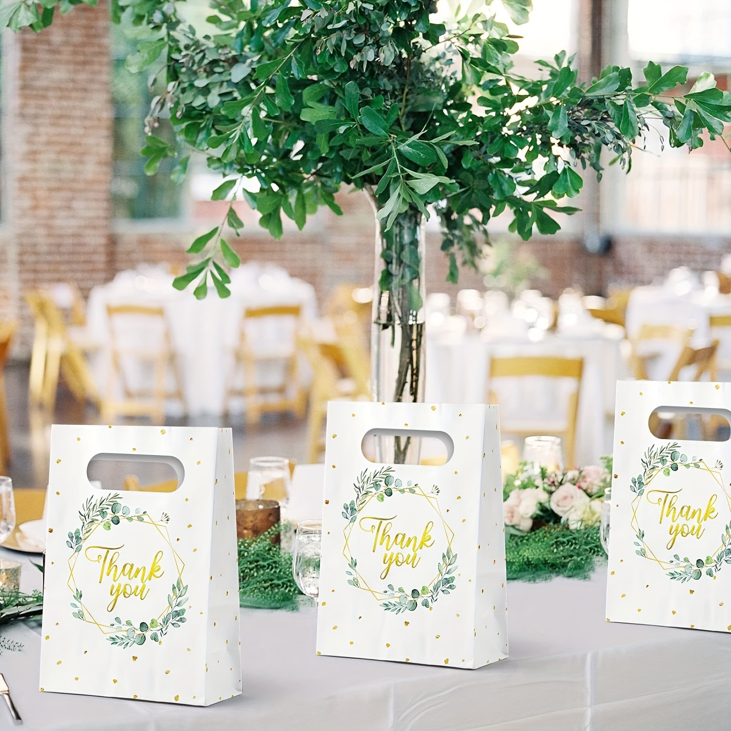 

24pcs Elegant Eucalyptus & Thank You Paper Gift Bags - Weddings, Showers, And - Chic White Paper Tote Bags With Green Foliage Design