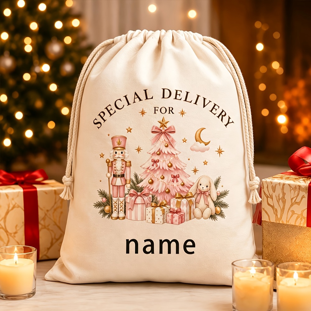 TEMU Aanpasbare Naam, Ster Schattig Konijn Roze Kerstboom Kerstcadeautas, Sfeer Geschenkdoos Illustratie Feestcadeautas, 11.81X15.75 Inch Canvas Tas