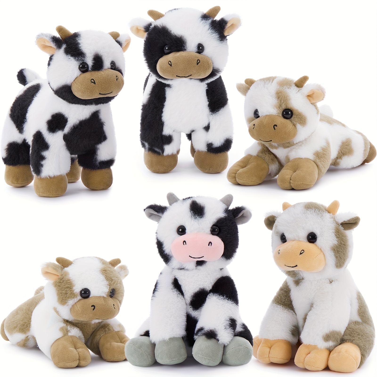 TEMU Maogolan 6pcs Cow Stuffed Animals Set, 10 Inch Small Stuffed Cow Plush Bulk For Birthday, Cuddly Cow Plush Toy For Boys Girls