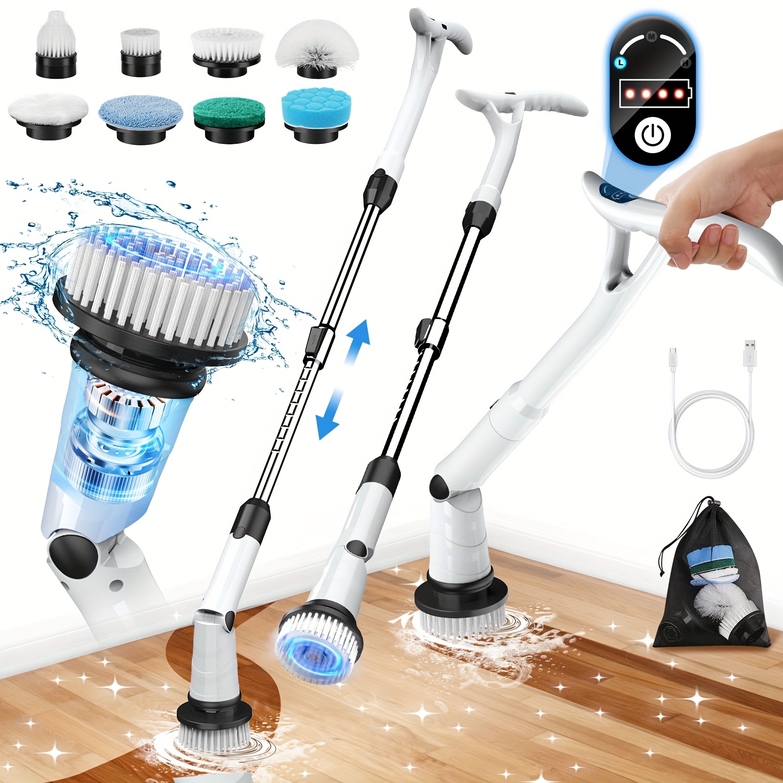 

Wireless Cleaning Brush With Electric Cleaning, Safety Overcharge Protection, Indicator, 8 Brush Heads, 3-, Detachable Telescopic Handle, Adjustable Angle, Suitable For Living Room And Bathroom.