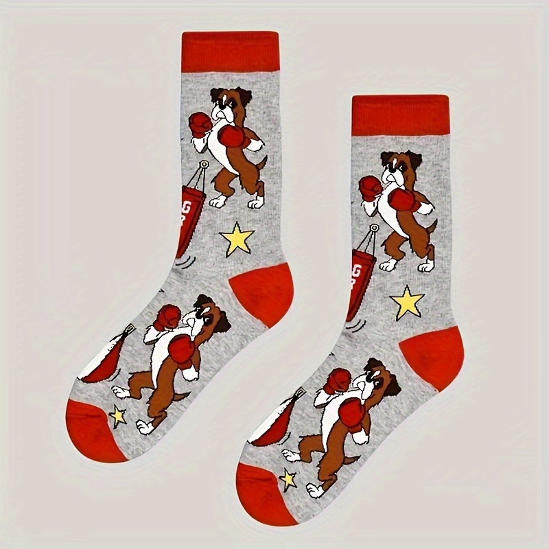 

1 Pair Of Cartoon Boxer Dog Pattern Crew Socks - Red & Gray, Breathable Polyester , Machine Washable For Indoor & Outdoor Wear, Dog Socks