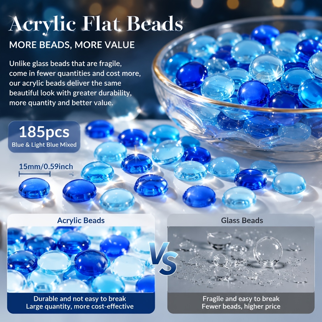 TEMU 185pcs Blue And Light Blue Acrylic Glass Flat Beads Vase Fillers, For Home Decoration Decorative Flat Beads, Balcony Decoration, Aquarium Fish