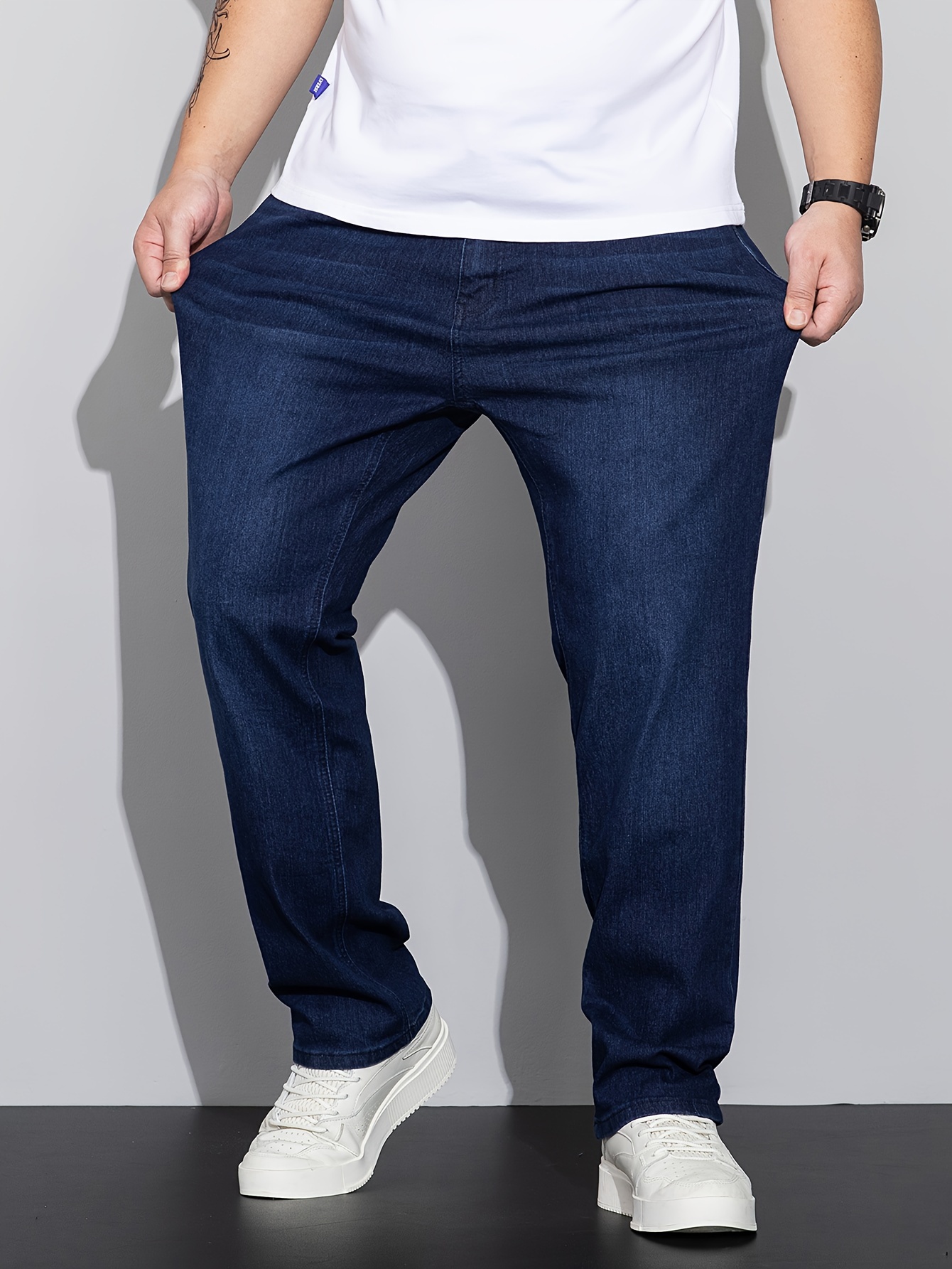 Plus Size Men's Solid Denim Pants Trendy Casual Street Style - Temu