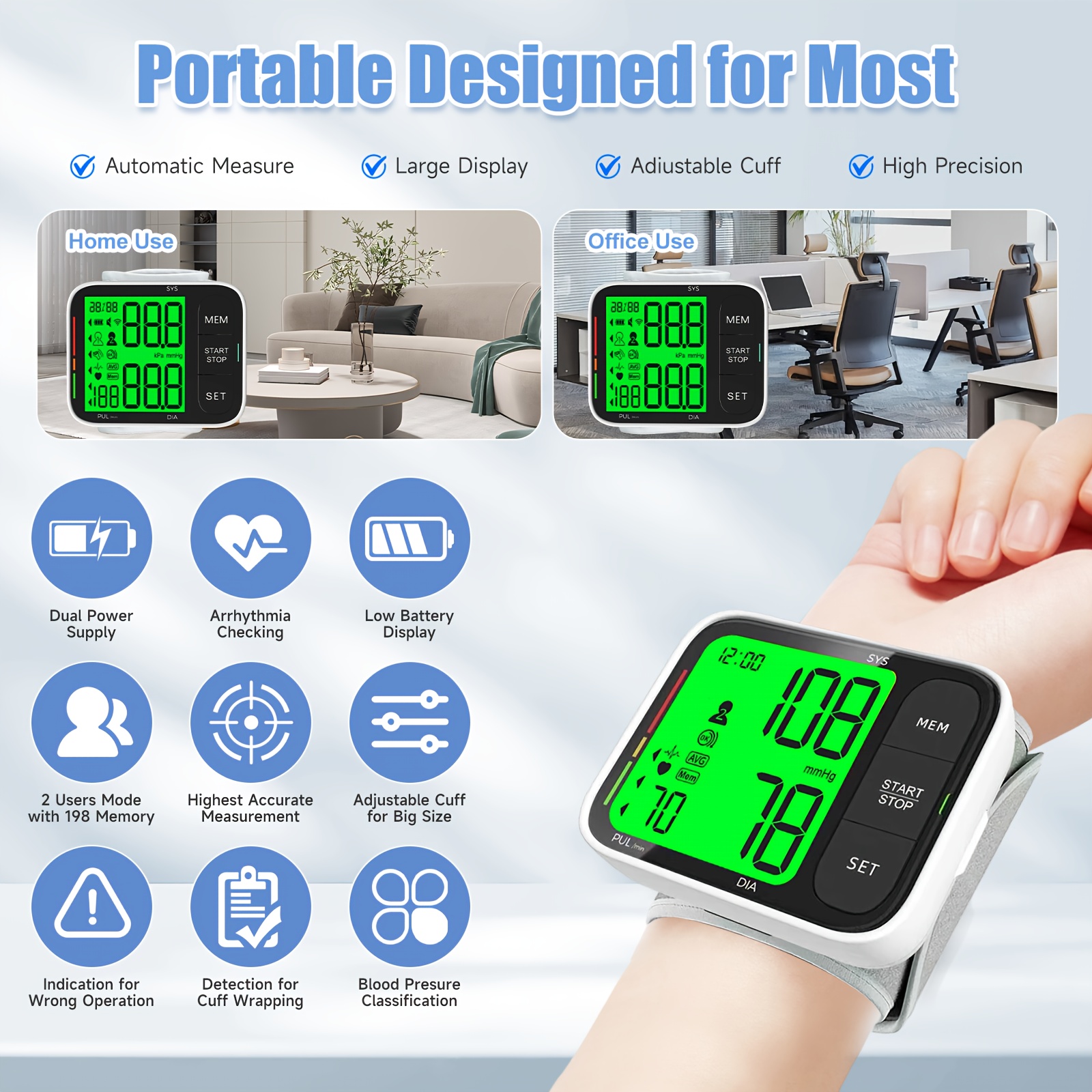 Puzxo Wrist Blood Pressure Monitor, One-click Pressure Measurement, Large-screen LCD Display, Dual-user 120 Sets Of Memory, Lightweight And Portable, Exclusive to Middle-aged And Elderly, Essential for Family Health Monitoring. Wristband with Battery