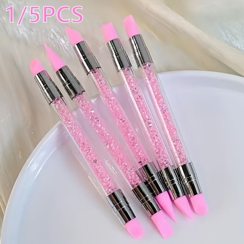 1/5 Pieces Pink Double-Ended Nail Pencil with Rhinestones, Sculpting Pencil, 3D Flower Sculpting, Manicure Brush, Nail Dotting Pencil