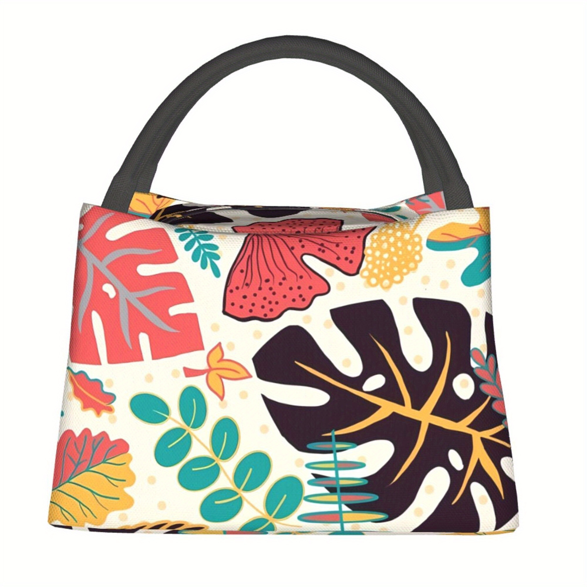 TEMU 1pc Insulated Reusable Lunch Bag With Vibrant Leaf Pattern - Durable Polyester Cooler Tote For Camping, Beach, Office & Picnics - Portable Food
