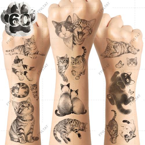 60 patterns cat temporary tattoos 10 sheets waterproof lifelike kitten tattoo stickers for men women 3d art for party cosplay daily wear