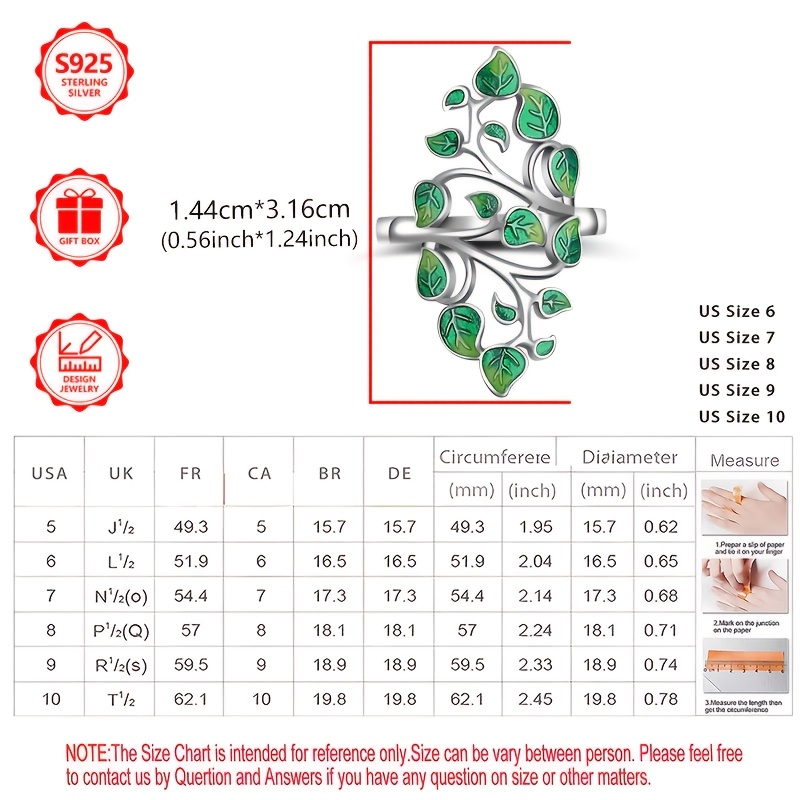 925 Silver Green Leave Branch Women's Ring High End Light Daily