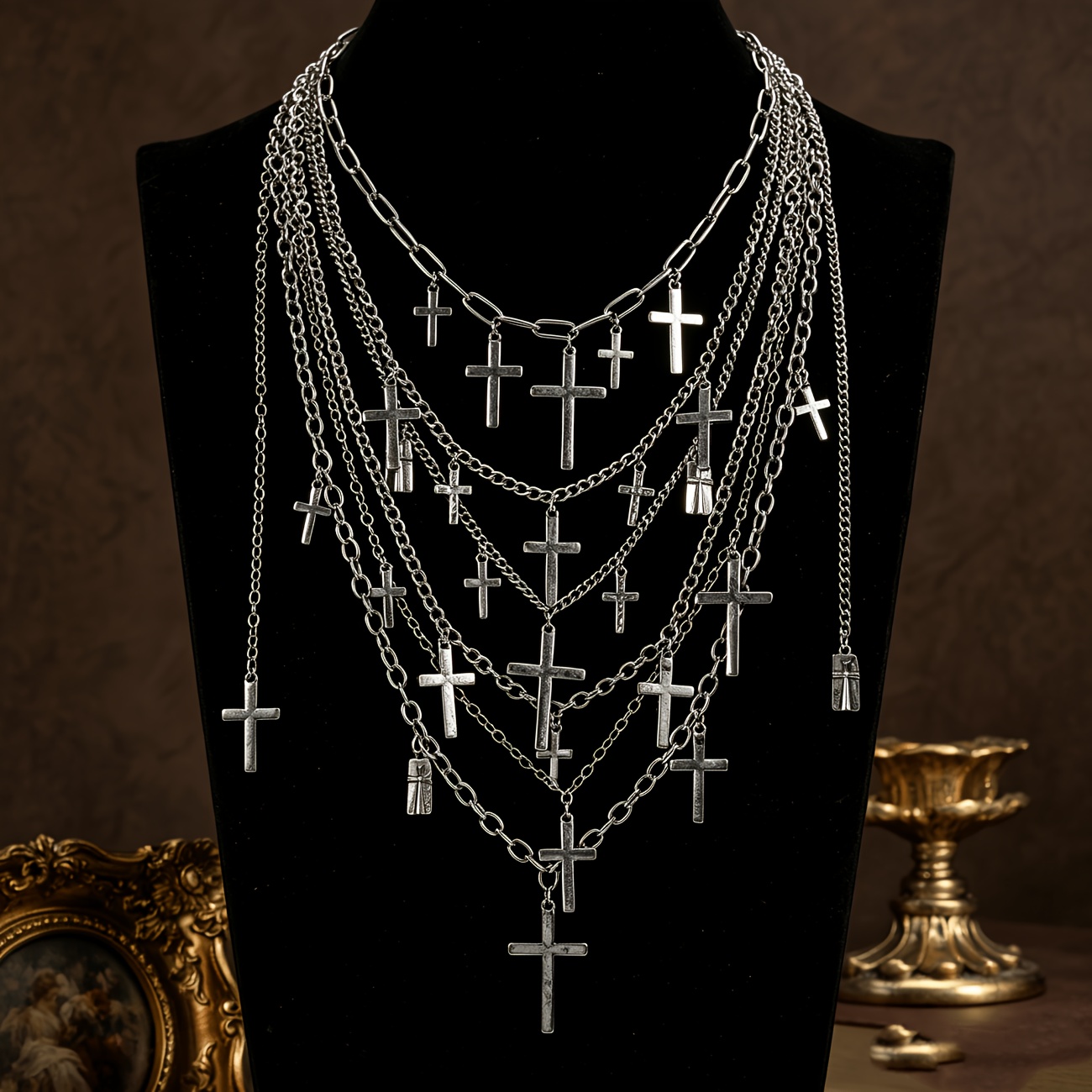 Distressed silver multi-layer cross necklace