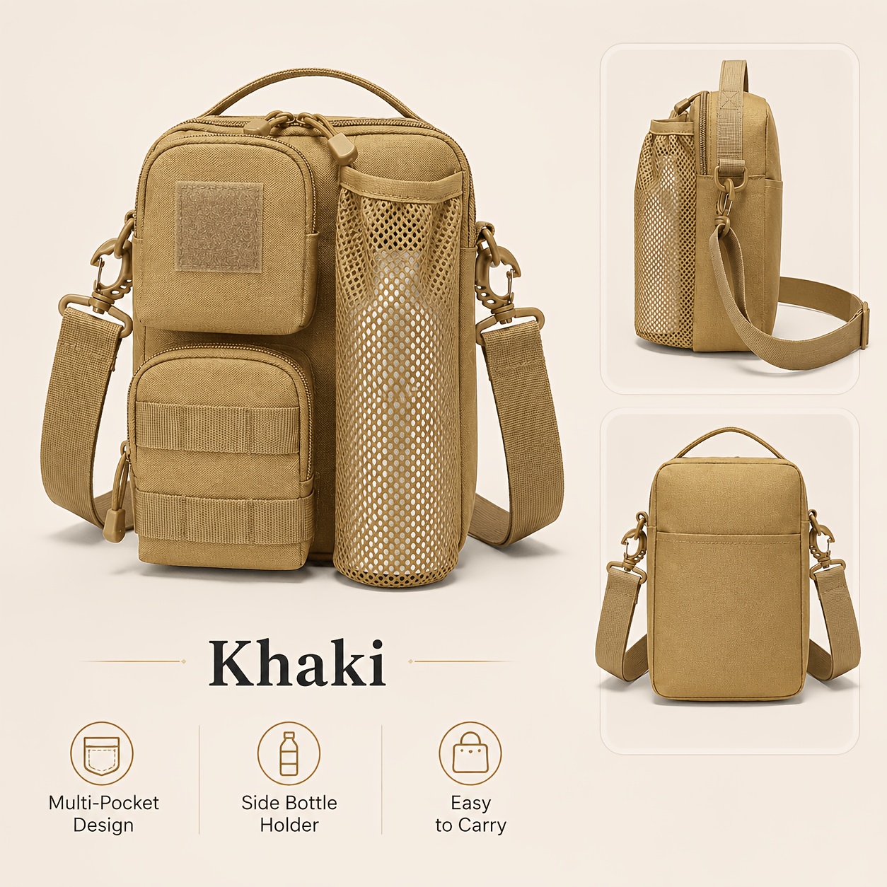 TEMU Sac Bandoulière Multi-Poches avec Porte-Bouteille Latéral et Sangle Amovible - Sac à Bandoulière Réglable, Organisateur Compact Adapté pour