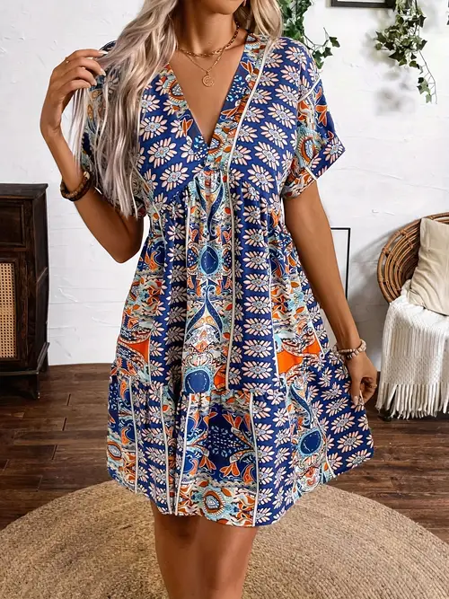womens retro geometric print v neck batwing sleeve dress high waist a line machine washable spring summer casual beach vacation dress