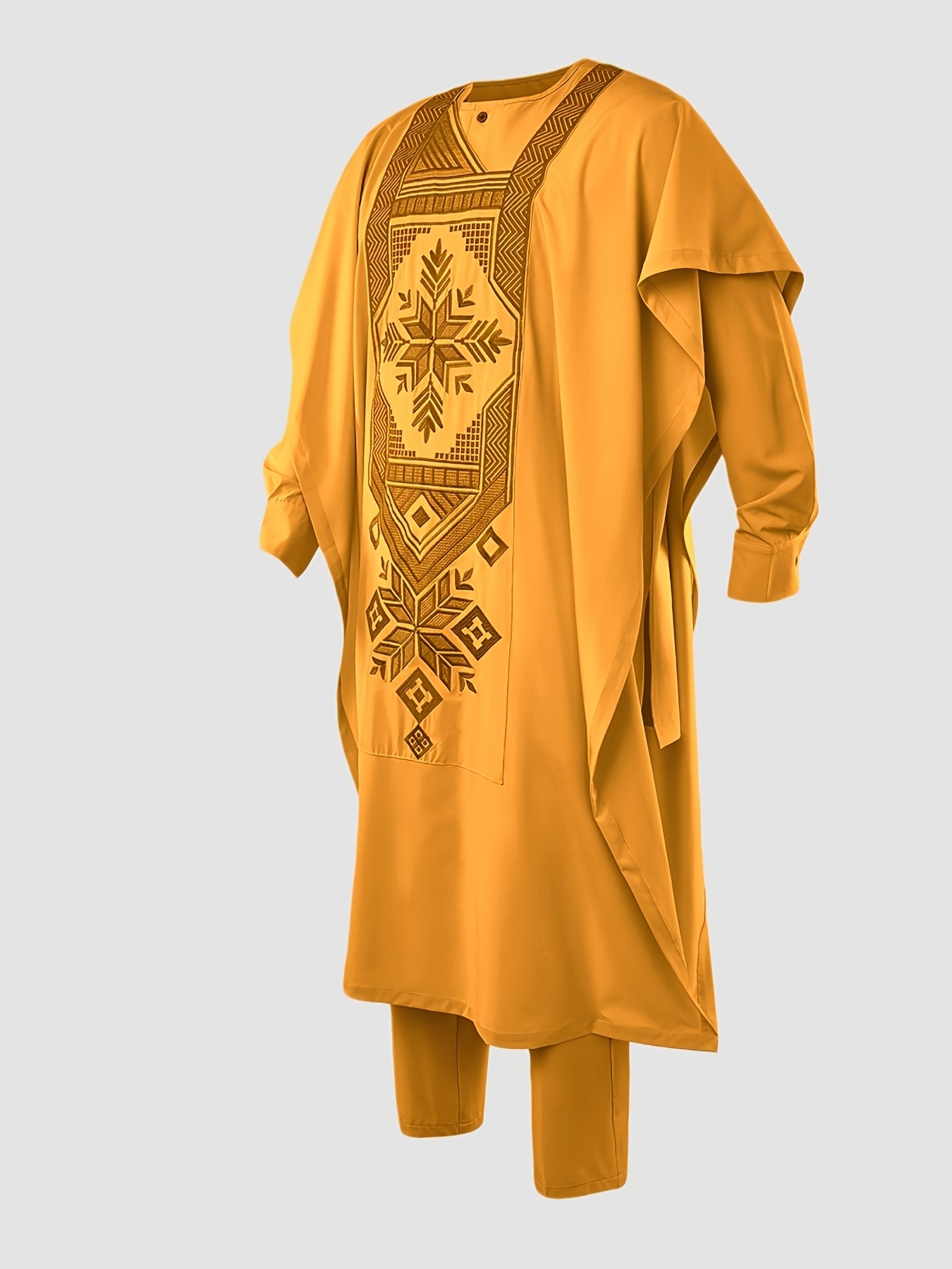 Men'S Three-Piece Agbada Set Featuring Embroidery, Pockets, And a Loose, Flowing Silhouette; Includes a Robe, Shirt, And Drawstring Elastic Waist Long Pants, Suitable for Everyday Events Like Cocktails, Weddings, Parties, Banquets, Birthdays