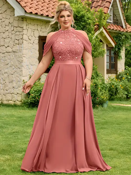 Plus Size - P25636A Plus Size Women Elegant Sequin Lace Halter Gown, Off-Shoulder Cape Sleeves, Wedding Guest, Bridesmaid, Formal Evening, Birthday, Party, Night Out Plus Size - P25636A Plus Size Women Elegant Sequin Lace Halter Gown, Off-Shoulder Cape Sleeves, Wedding Guest, Bridesmaid, Formal Evening, Birthday, Party, Night Out