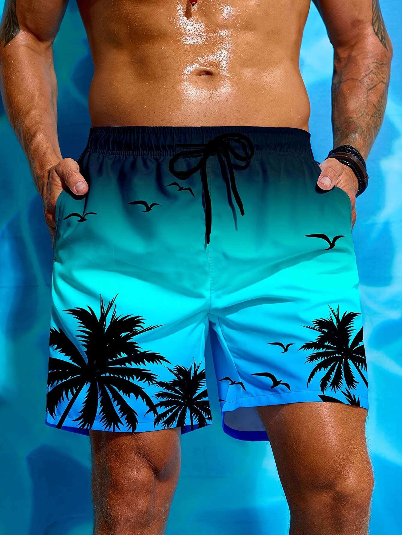 mens palm tree 3d print beach shorts stylish and breathable with drawstring waist swim trunks