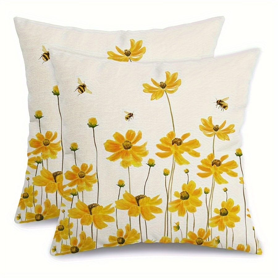 

Contemporary Linen Throw Pillow Covers 2pcs Set, Daisy Bee Decorations, Farmhouse Seasonal Summer Design, Zipper Closure, Machine Washable, Woven, Room Types, 16x16, 18x18, 20x20 (no Pillow )