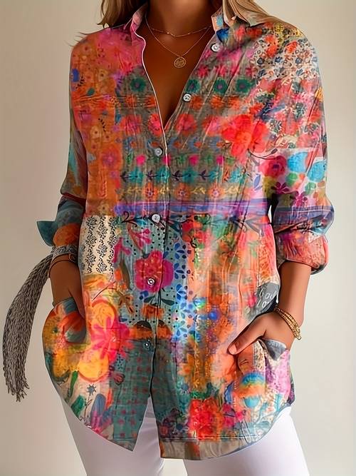 this retro bohemian style long sleeved shirt with colorful floral patterns is fashionable versatile and its a outfit with unique patterns
