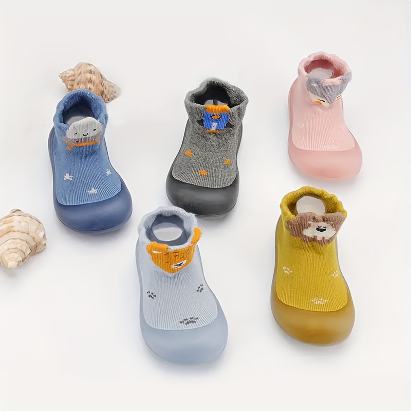 Adorable Cartoon Animal Slip-On Baby Sock Shoes - Cozy, Non-Slip Rubber Sole Walking Shoes for Newborns & Toddlers - Soft Fabric, All-Season Comfort in Blue, Yellow, Pink, & Brown, Toddler Shoes