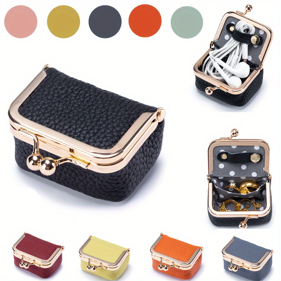 

Obcreatr Stylish Mini Coin Purse With Kiss Lock - Compact Ring & Earphone Holder, Golden-tone Clasp, Black Textured Design, Perfect Gift For Women, Small Item Organizer | Elegant Kiss Lock | Polished