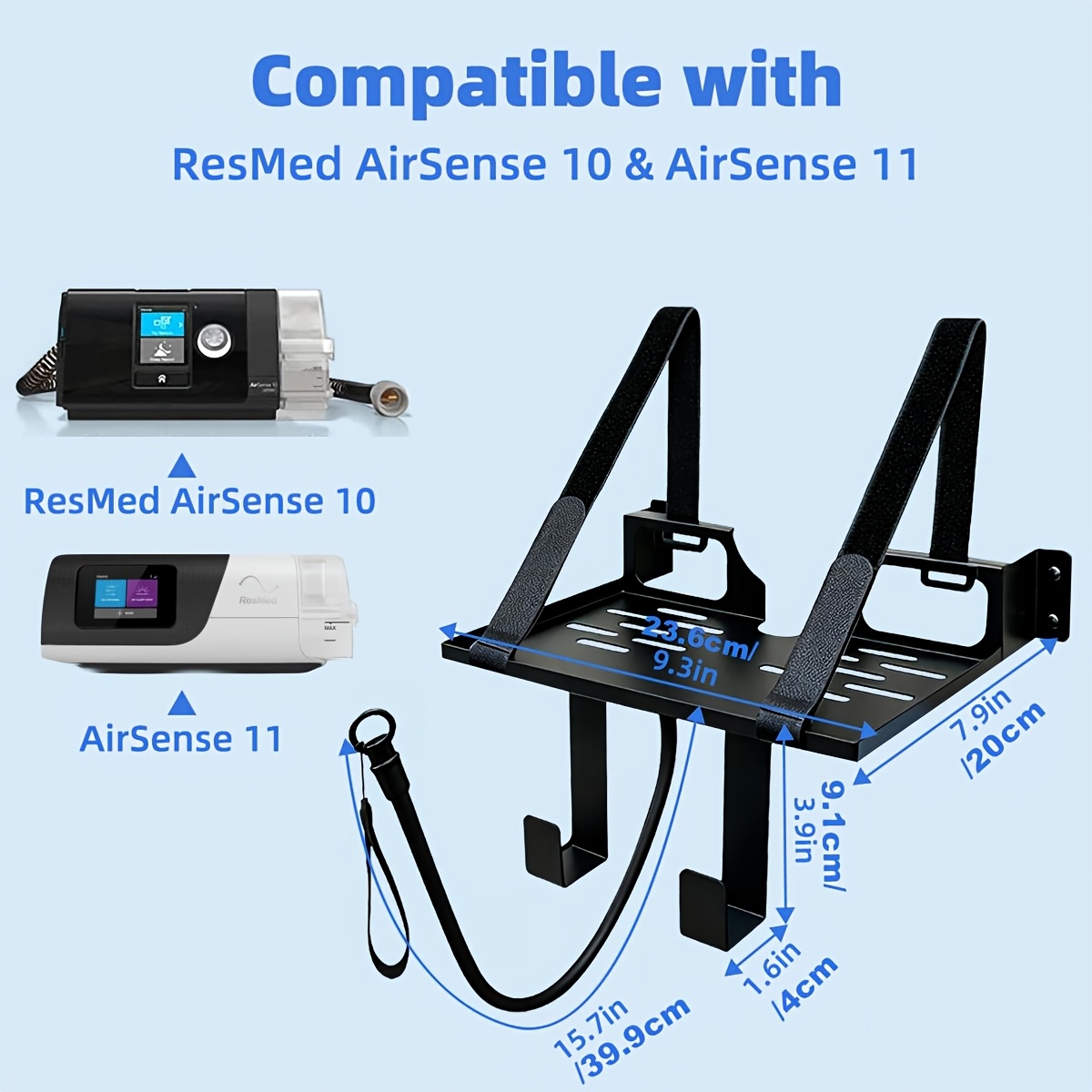 TEMU Étagère Murale pour Appareil CPAP Compatible avec ResMed 10 & 11 avec Support de Tuyau CPAP à Angle Réglable et Crochet pour Tube et Masque CPAP