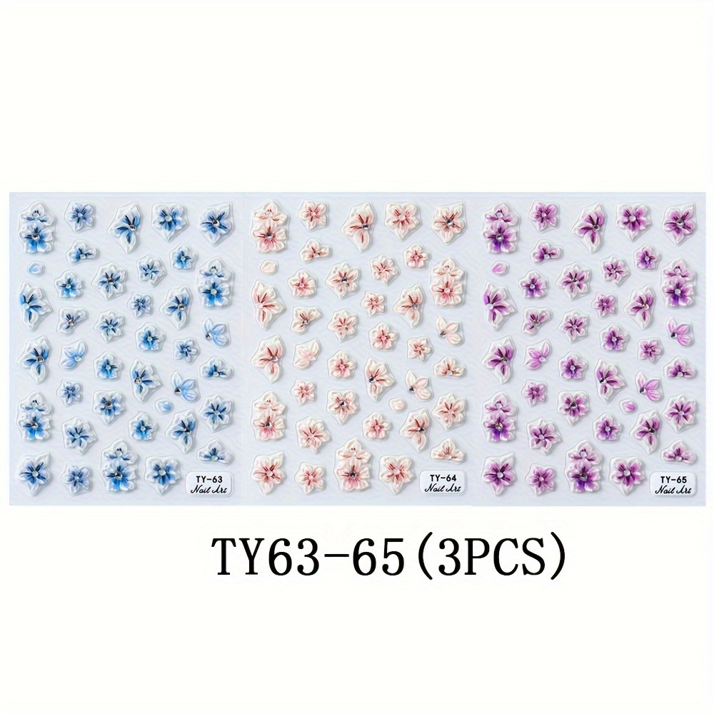 Image of 3pcs Ice Transparent Flower Nail Sticker Set, Embossed 5d Soft Gel Summer Fantasy Rhinestone Acrylic Nail Art Decals For Women And S, Self-adhesive Nail Accessories