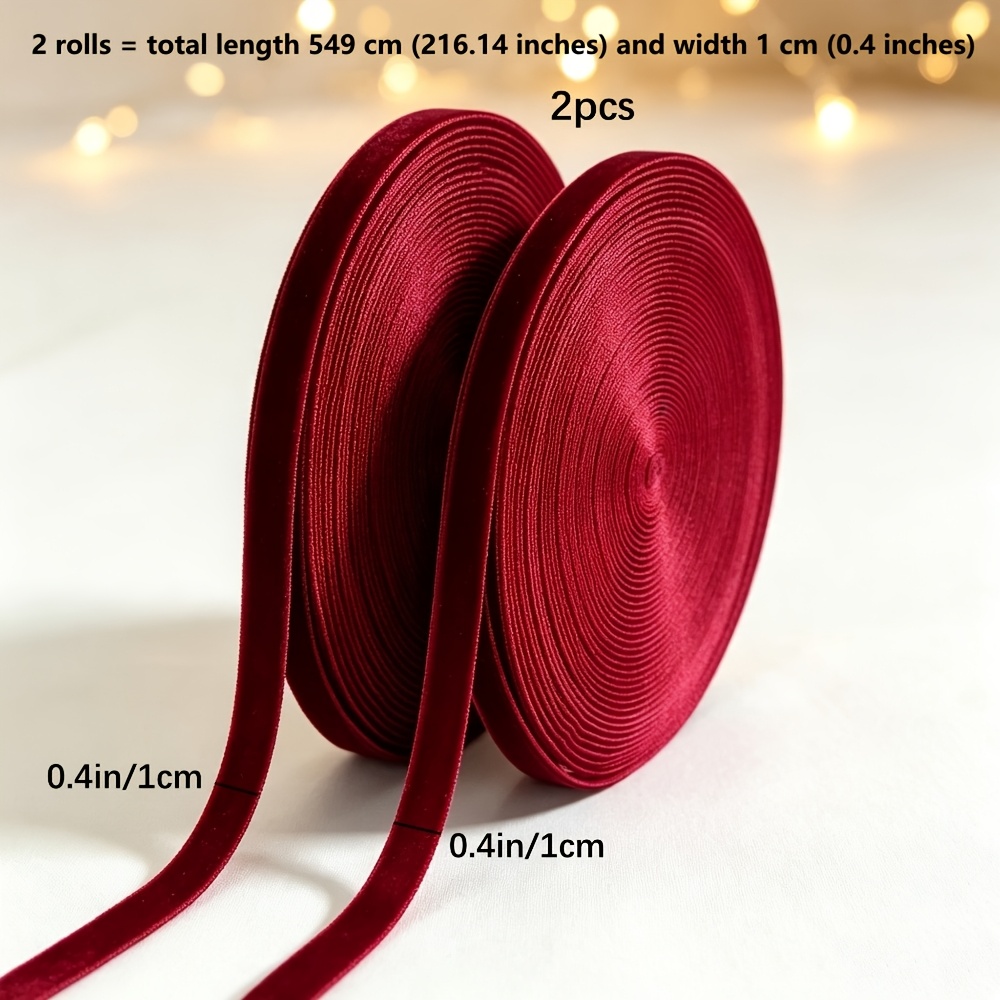 TEMU 2 Rolls Of Wine Red Single-sided Velvet Ribbon, Total Length 549cm, Width 1cm, Christmas Gift Packaging Velvet Ribbon Diy Christmas Tree Bow