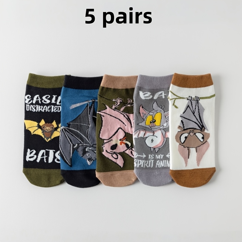 E-shop 1 Paar/5 Paar Zufallspackung mit Damen-Kurzsocken für Frühling Sommer, , schön niedlich, mit Cartoon-Fledermaus-Druck, leicht, weich, bequem,