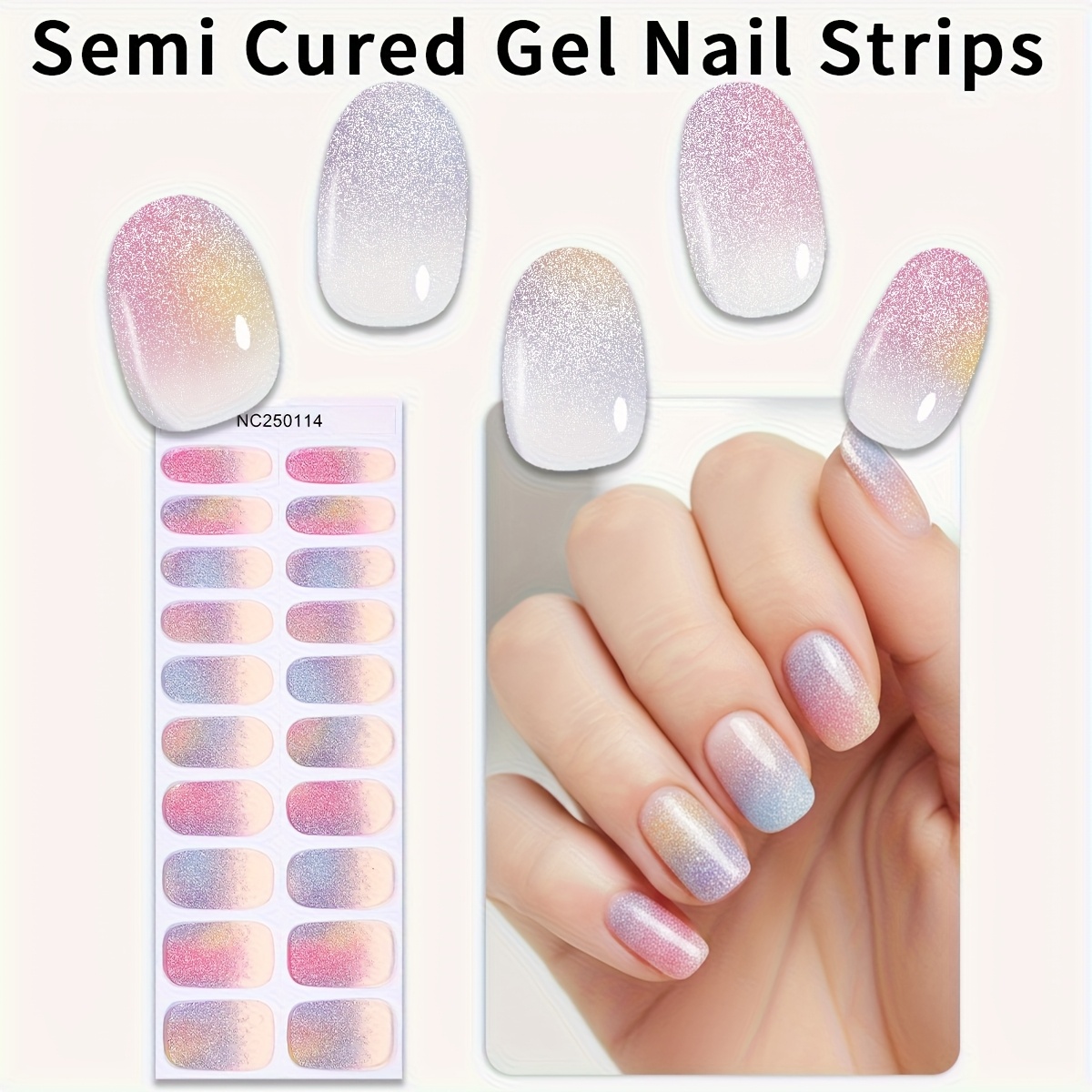 20pcs Semi Cured Gel Nail Strips, Multi-colour Laser Gradient Glitter Gel Nail Stickers, , Lamp Required, Suitable For Ladies Diy Nail Art Supplies, Gifts For Ladies