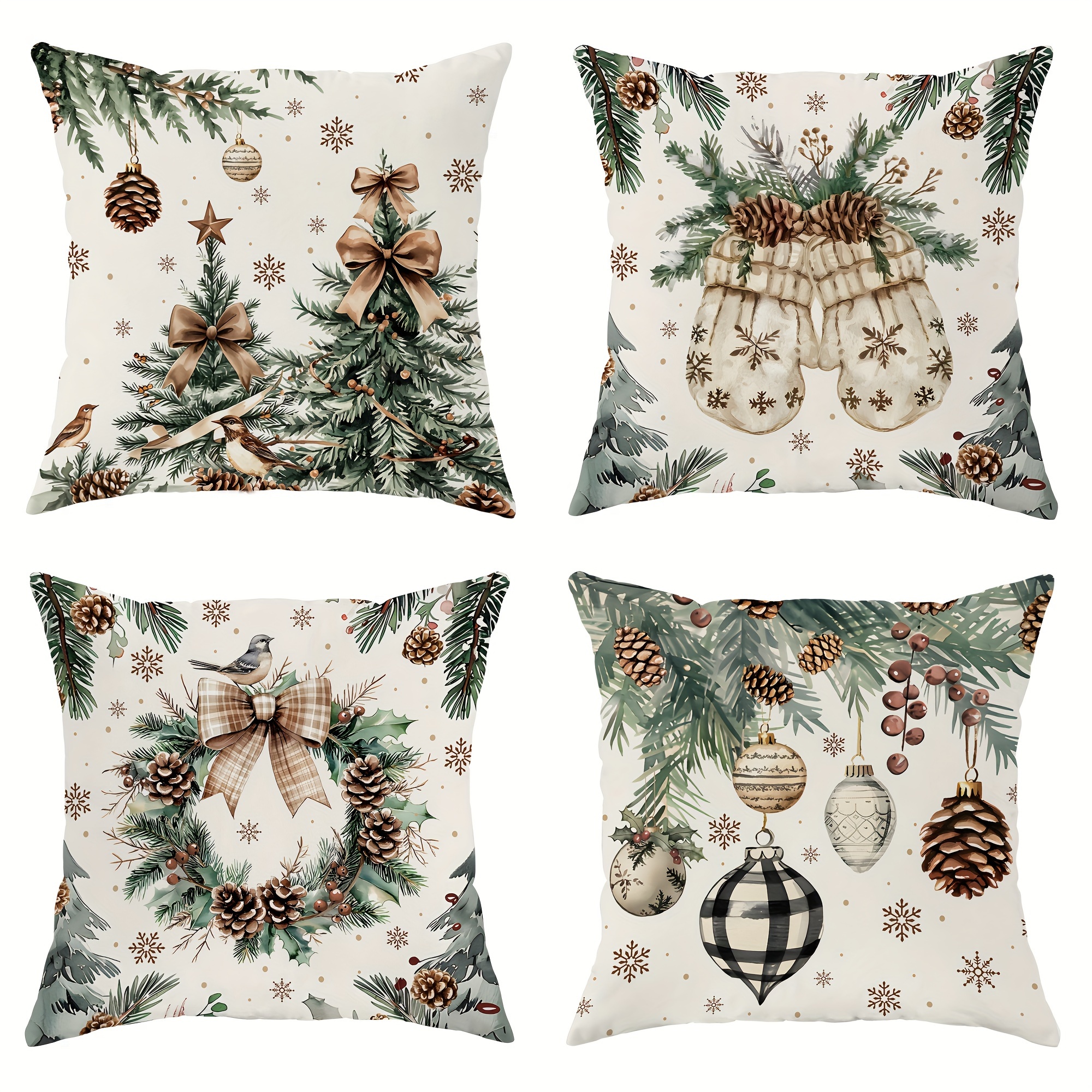 

4-pack Christmas Velvet Throw Pillow Covers 18x18, Wreath Bow Design, Zippered Polyester Cushion Cases For Holiday Sofa And Living Room Decoration - Machine Washable, Contemporary Style, No Insert