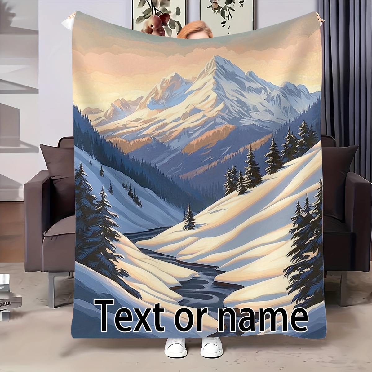 

A Customizable Fleece Blanket Featuring An Illustration Of Snow-covered Mountains And A Stream, Suitable For All . Ideal For Travel, Sofas, Home Decor, Beds, And Offices, In Multiple Sizes.