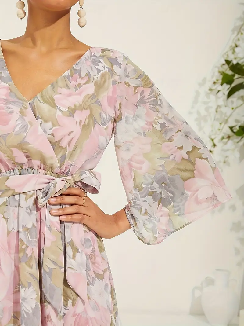 neck floral chiffon long dress with flowing sleeves elegant and stylish for weddings and vacations belt ll425 Product details 4