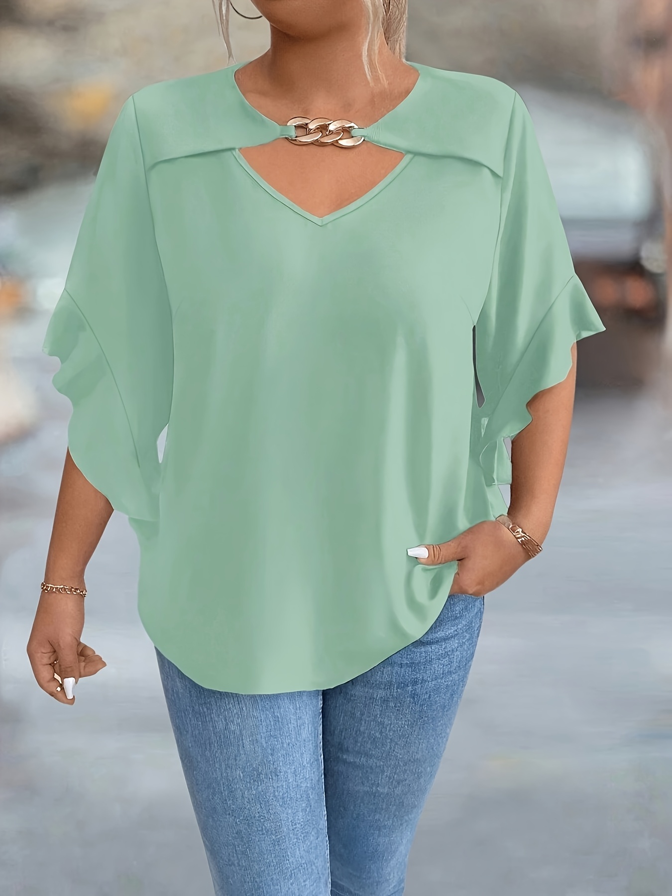 Women'S Plus Size V-Neck Blouse - Soft Pink, Ruffled Sleeves, Casual Summer Top with Golden Chain Detail, Casual Wear|Ruffled Sleeve Top|Vneckline Top