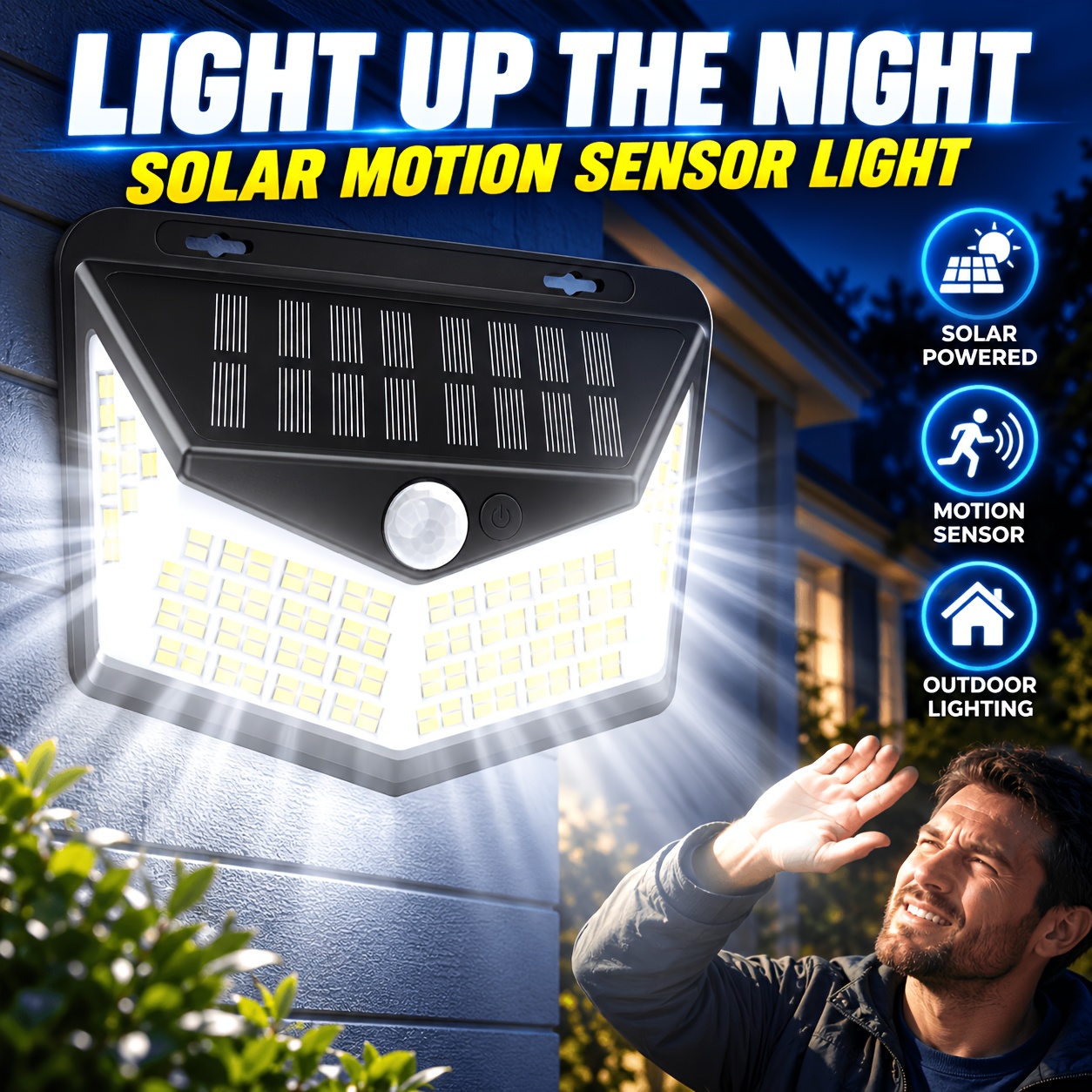 TEMU 1pc Solar Led Motion Sensor Wall Light, 164 Leds, 1000mah Cell, -6000k Cool White, 120° Motion Detection, 5-7m Sensing Range, 3 , Pc+abs Black