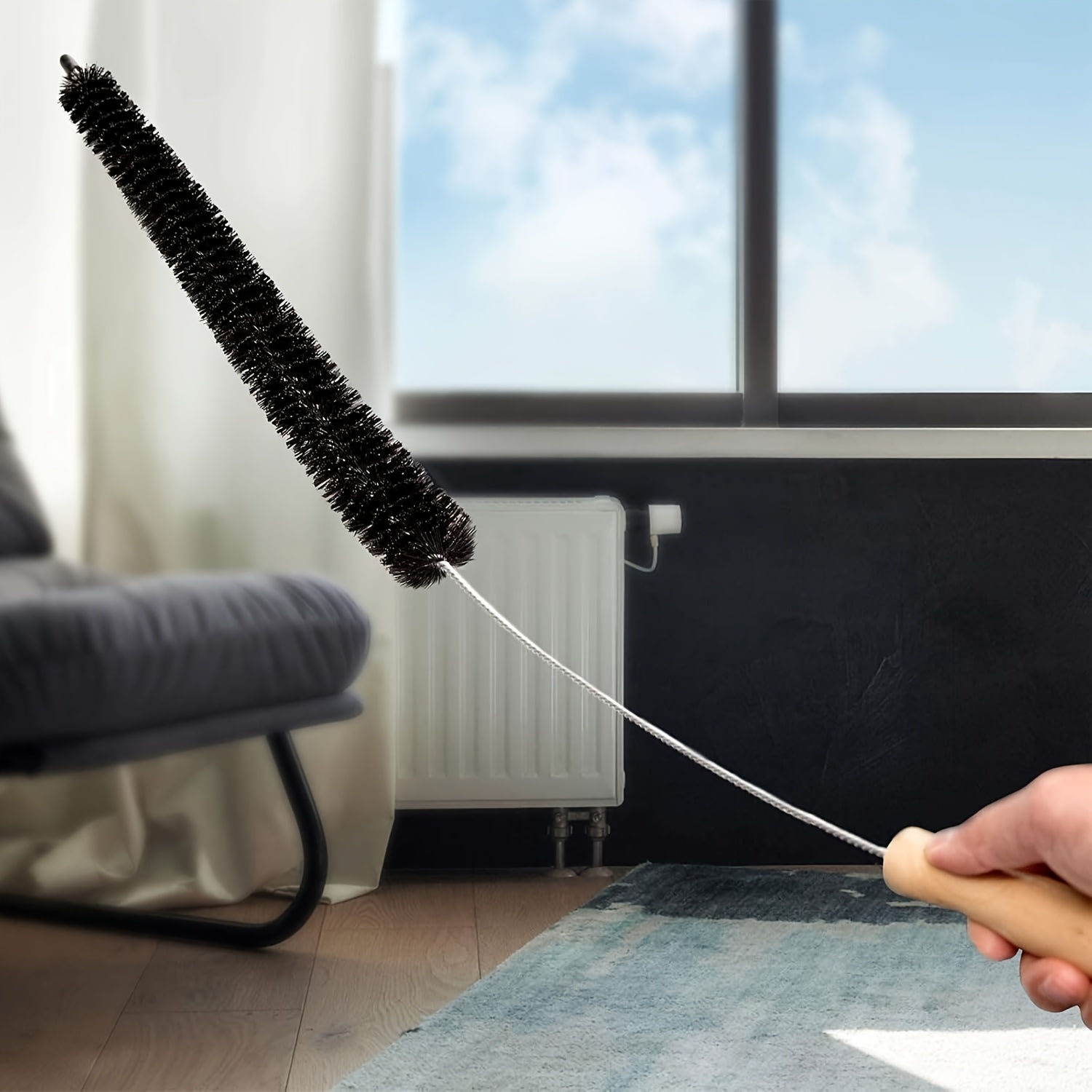 TEMU 1pc, 73cm (28.5 Inches) Flexible Radiator Cleaner Brush With Wooden Handle - Long Reach, No Electricity Needed, Ideal For Living Room & Bedroom,