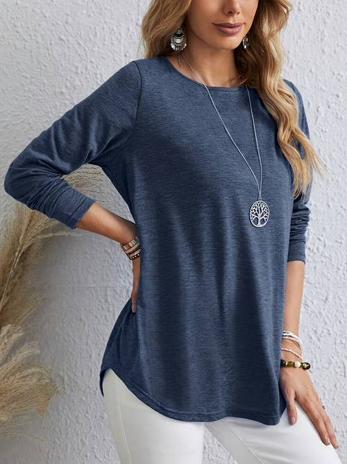solid button back curved hem t shirt versatile long sleeve round neck top womens clothing