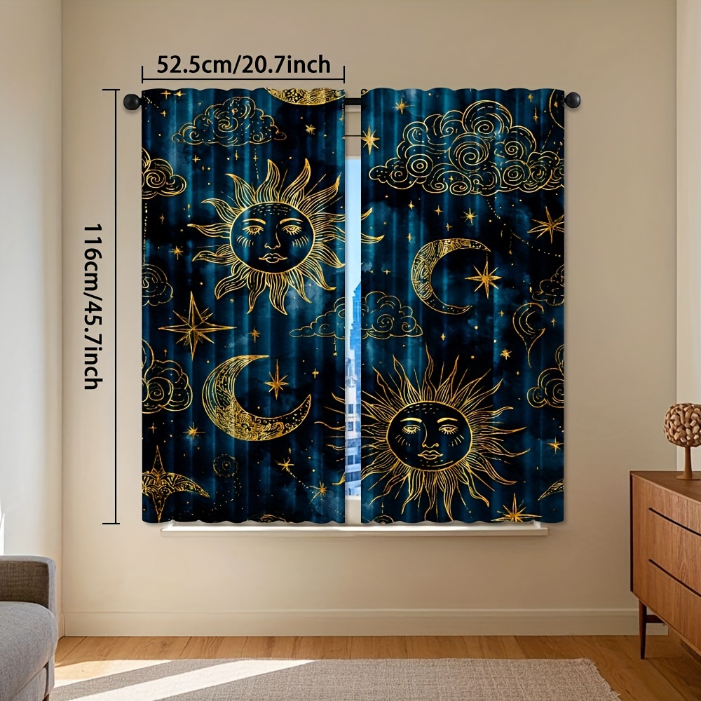 TEMU 2pcs, Celestial Sun Moon Starry Curtains, Polyester Rod Pocket, Durable For Kitchen Room Bedroom, Home Decor, Light Filtering, Rod Pocket, Easy