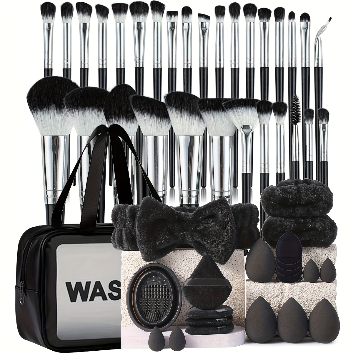 Temu – TEMU /51pcs Makeup Brush Set, 30 Black Makeup Brushes, Makeup Sponge, Athumb Sponge, Wash Bowl, With Makeup Bag, Portable For Travel, Suitable For
