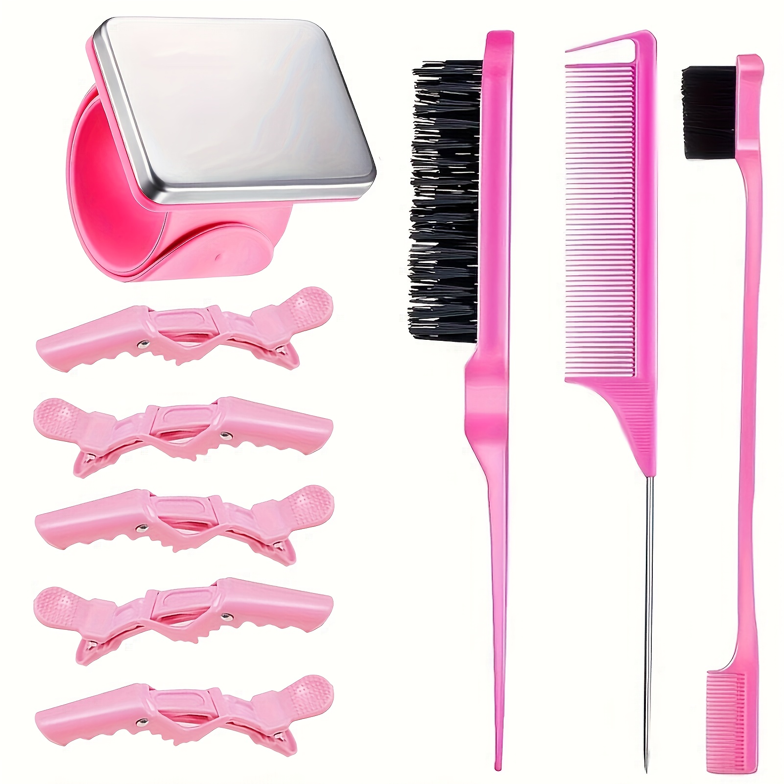 

9pcs Goiple Hair Styling Kit - Pink Hair Braiding Tools With Mirror, Comb, Brush & Clips For All Hair Types - Ideal For Festivals, Parties & Daily Use