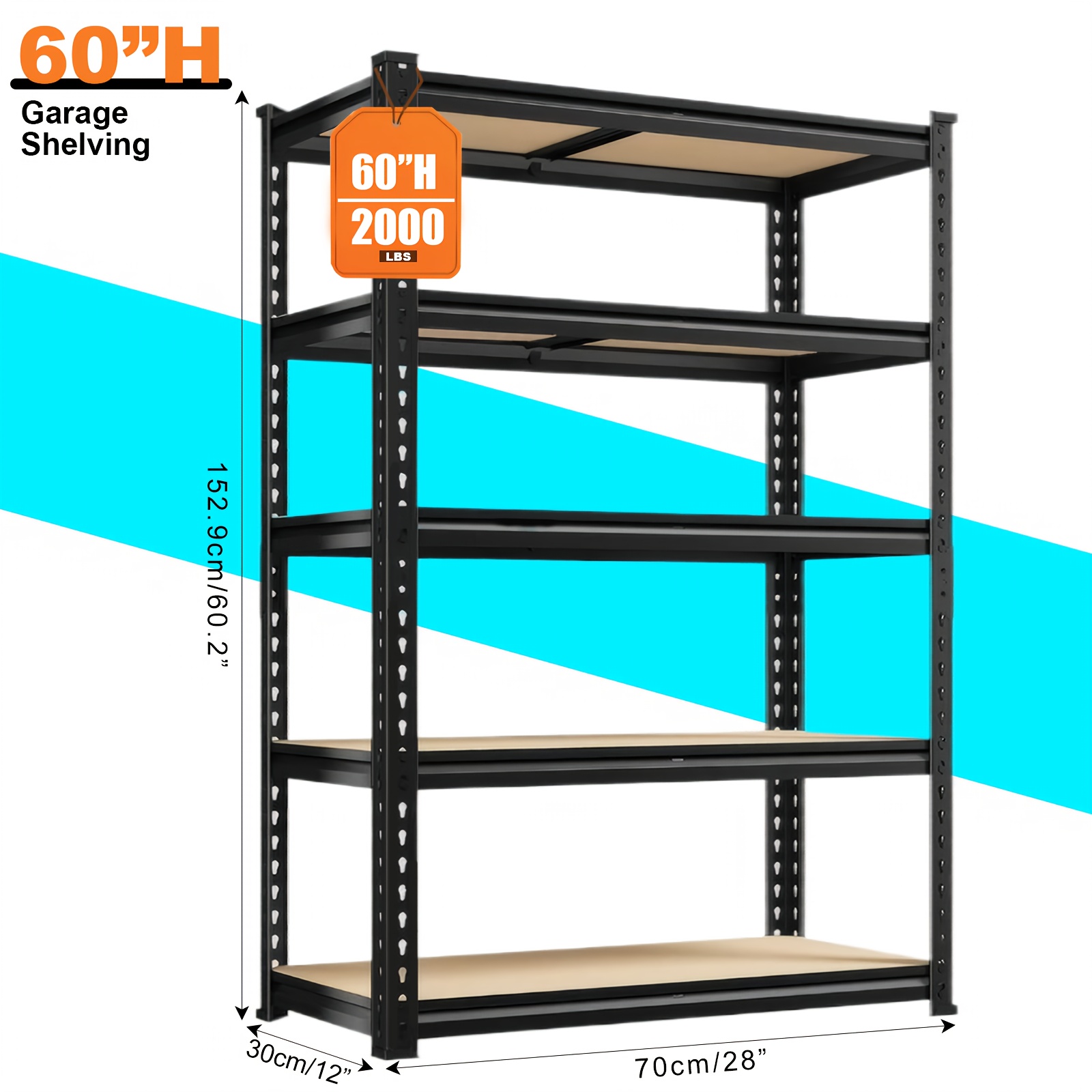 TEMU [heavy Duty Shelving] Heavy Duty 5 Tier 2000lbs Metal Shelving Units | 72"h/60"h Garage Shelving Storage Shelves, Adjustable Metal Shelving Unit