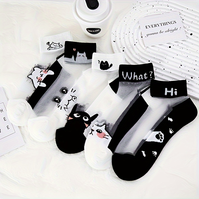 

5 Pairs Cartoon Cat Socks, Cute & Breathable Short Mesh Socks, Women's Stockings & Hosiery