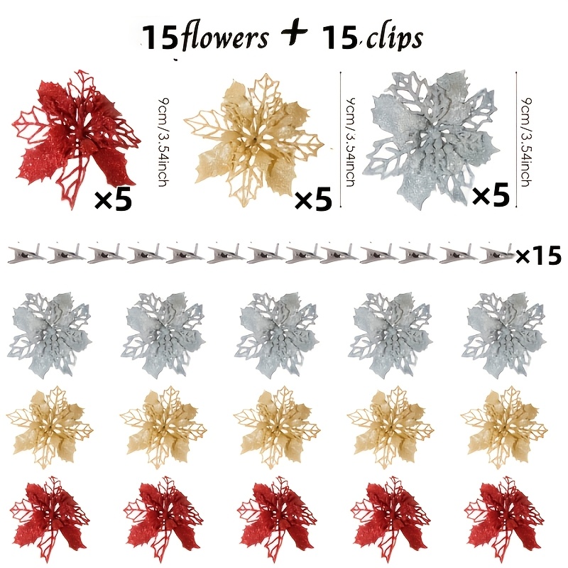 TEMU 30pcs Set = (5pcs And 5pcs Red Flowers And 5pcs Silvery Flowers And 15pcs Clips) Wreath Making Christmas Flowers Artificial Christmas Tree