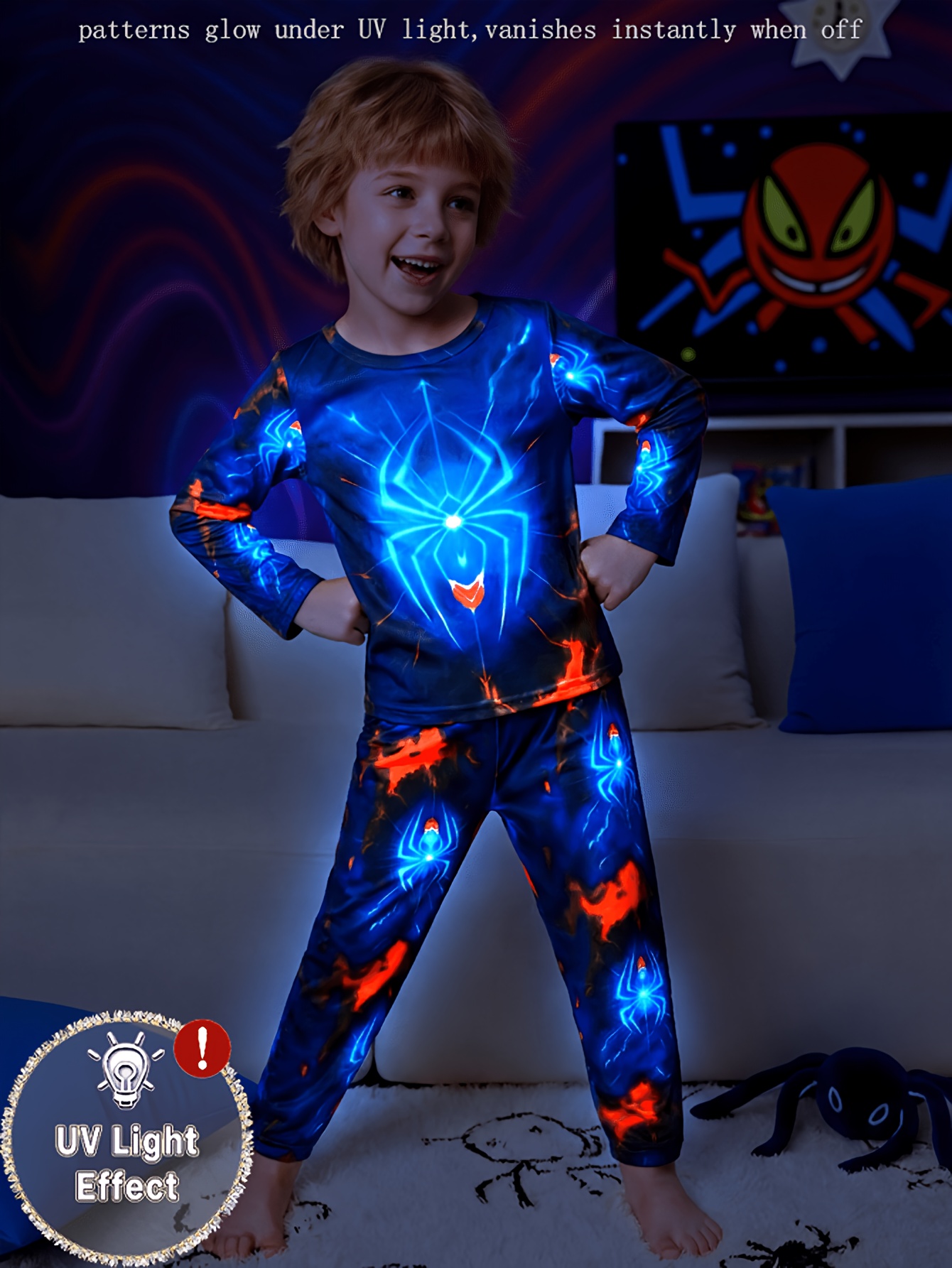 [Spider Pajama Set] 2pcs Set for Boys: Spider Element Shines Fluorescent Dynamic Spider Lightning Pattern Long-Sleeve Top + Long Pants Pajama Loungewear Set. Features Trendy Spider Pattern Printing, Comfortable Fabric, and a Fashionable Style. Designed for Boys' Home