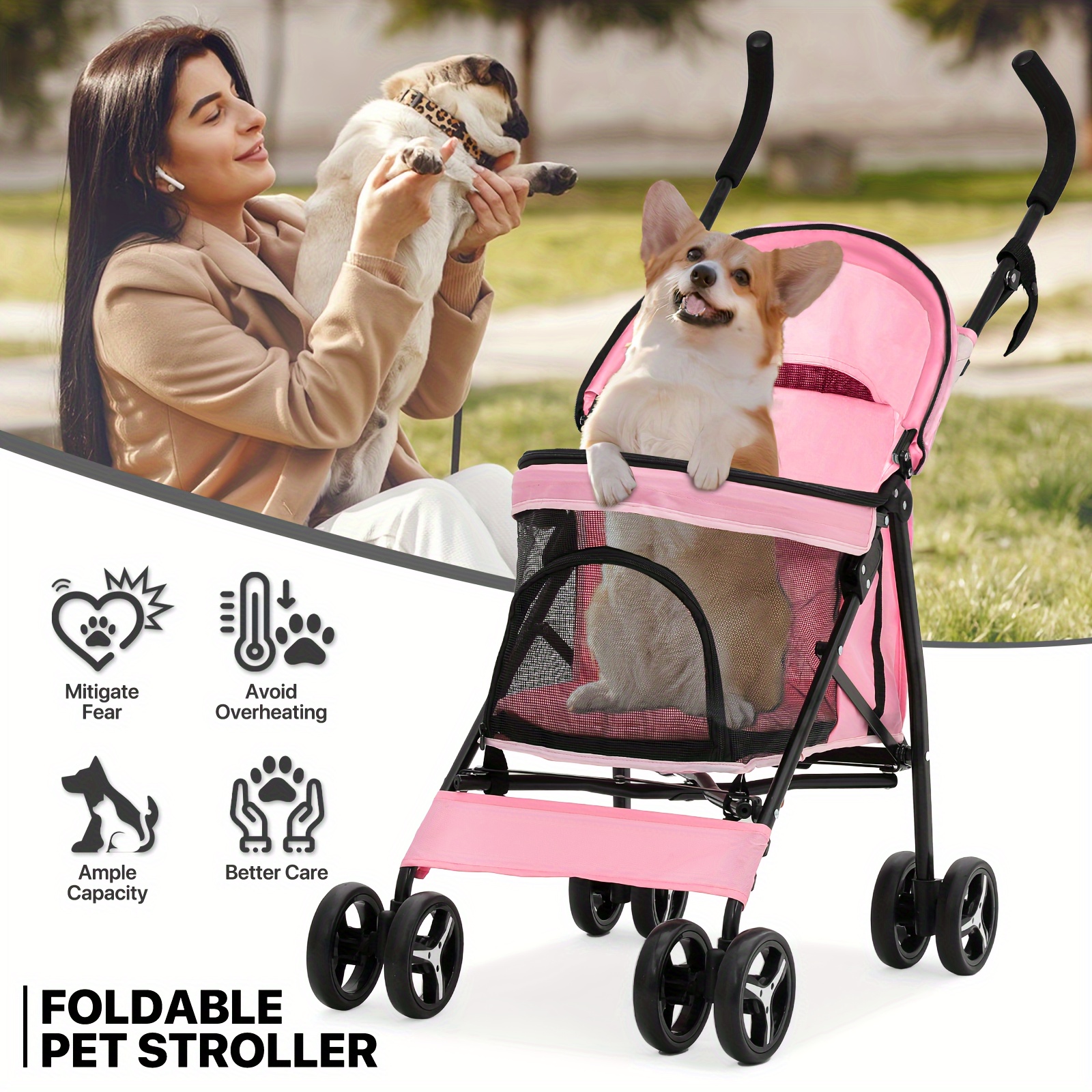 

4 Wheels Pet Stroller, Easy-fold Puppy Cage Jogger Stroller With Sun Cover, Pad And Rear Storage Bag, Breathable And Mesh For Small/medium Pets Up To 22 Lbs