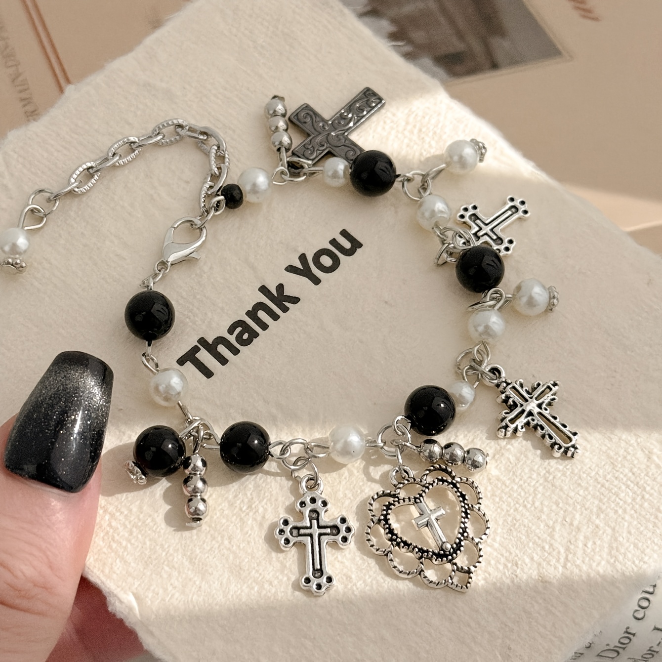 Image of 1pc Alloy Beaded Multi-pendant Bracelet, Casual Versatile Cross And Heart Pendant With , Valentine's Day Holiday Gift Bracelet