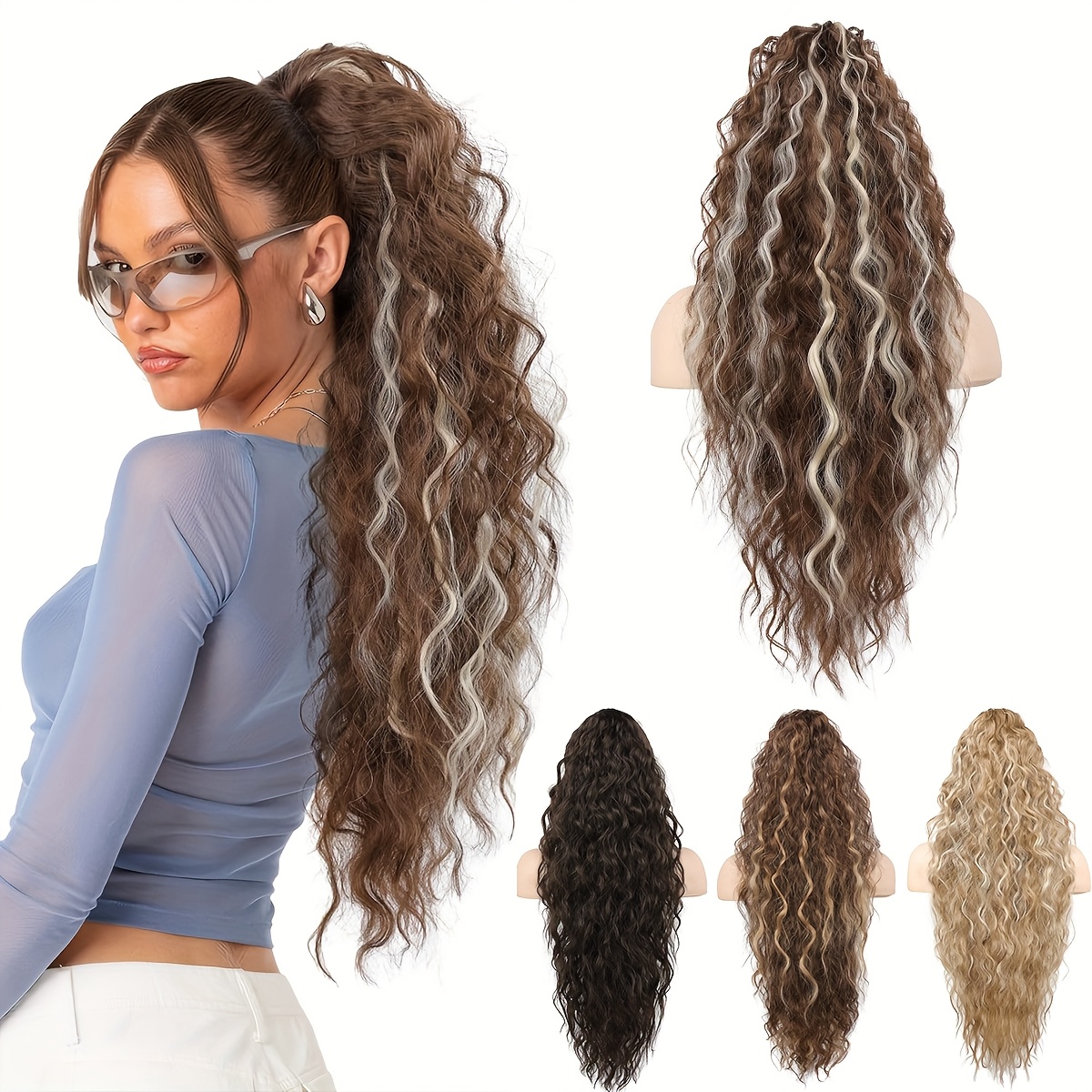 28 inch lightweight curly wave clip in hair extension multi layered synthetic hair for   ponytails chocolate brown unisex all   ponytail hair extensions versatile hairpiece multilayered texture easy application hairpiece details 4