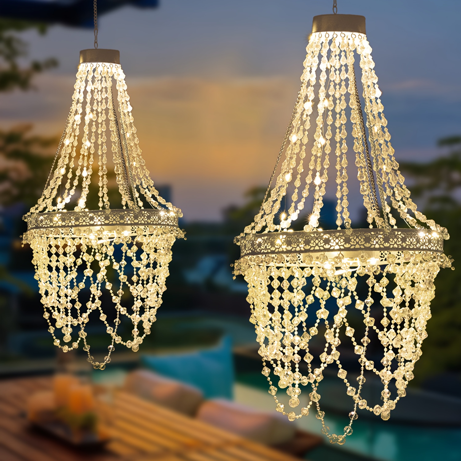 Solar Hanging Crystal Chandelier | Outdoor Garden Decorative Lights with 54 Warm White LEDs, Waterproof, Lithium Battery Powered, for Garden, Yard, Patio, Gazebo, Party, Wedding