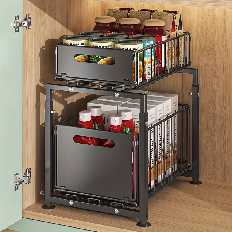 

Metal 2-tier Under Sink Organizer With Pull-out Drawers, Adjustable, Open-storage, No-electricity, Space-saving Rack, With Easy For Kitchen & Bathroom