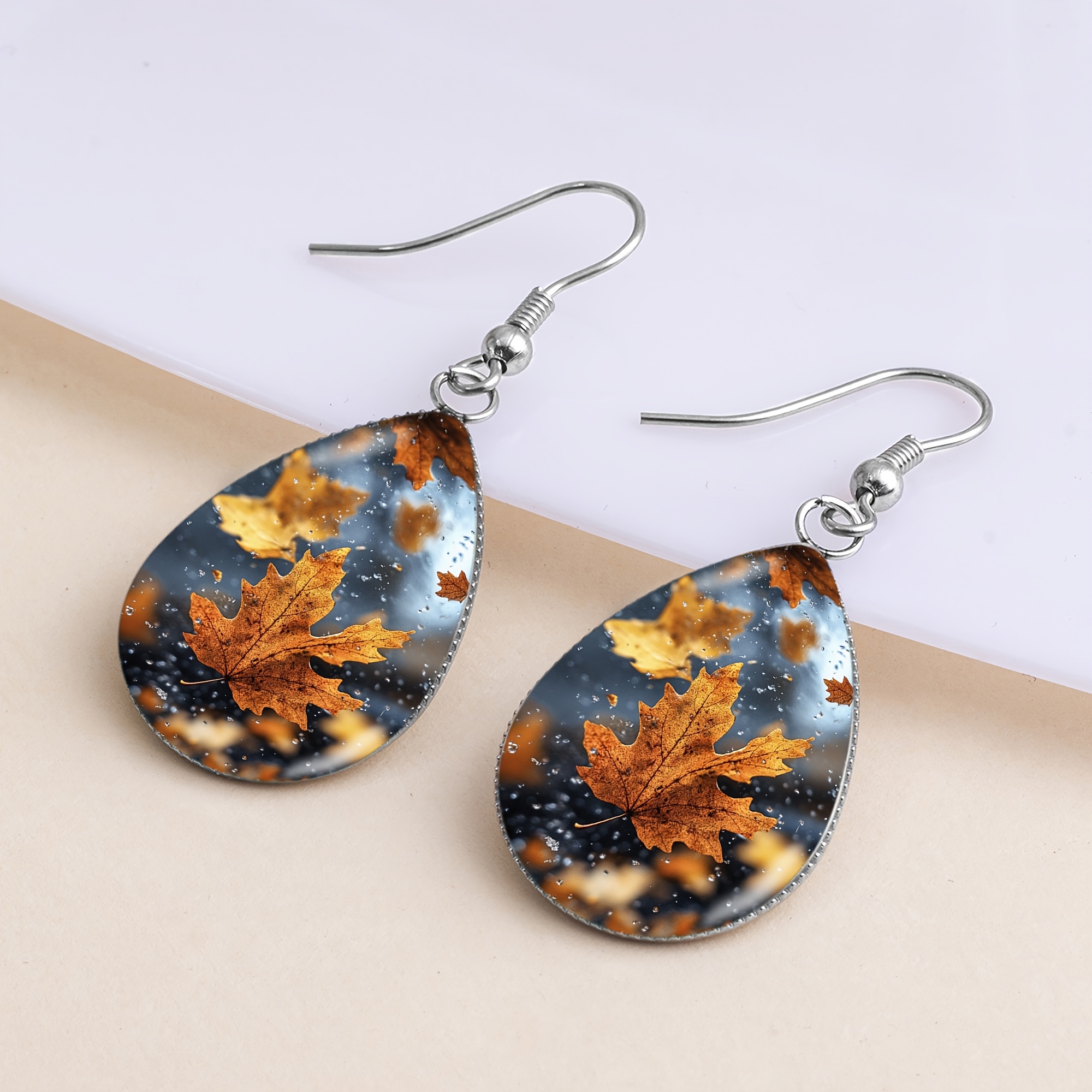 Autumn Maple Leaf Pattern Stainless Steel Earrings, Unisex