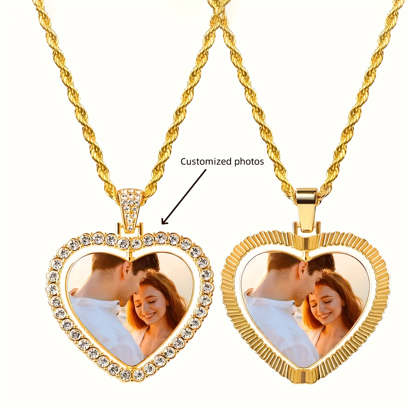 

Customizable Double-sided Photo Pendant Necklace - Rotatable, Elegant Vintage Style With Accents, Perfect Gift For Couples, Hip-hop, Diy, High-grade