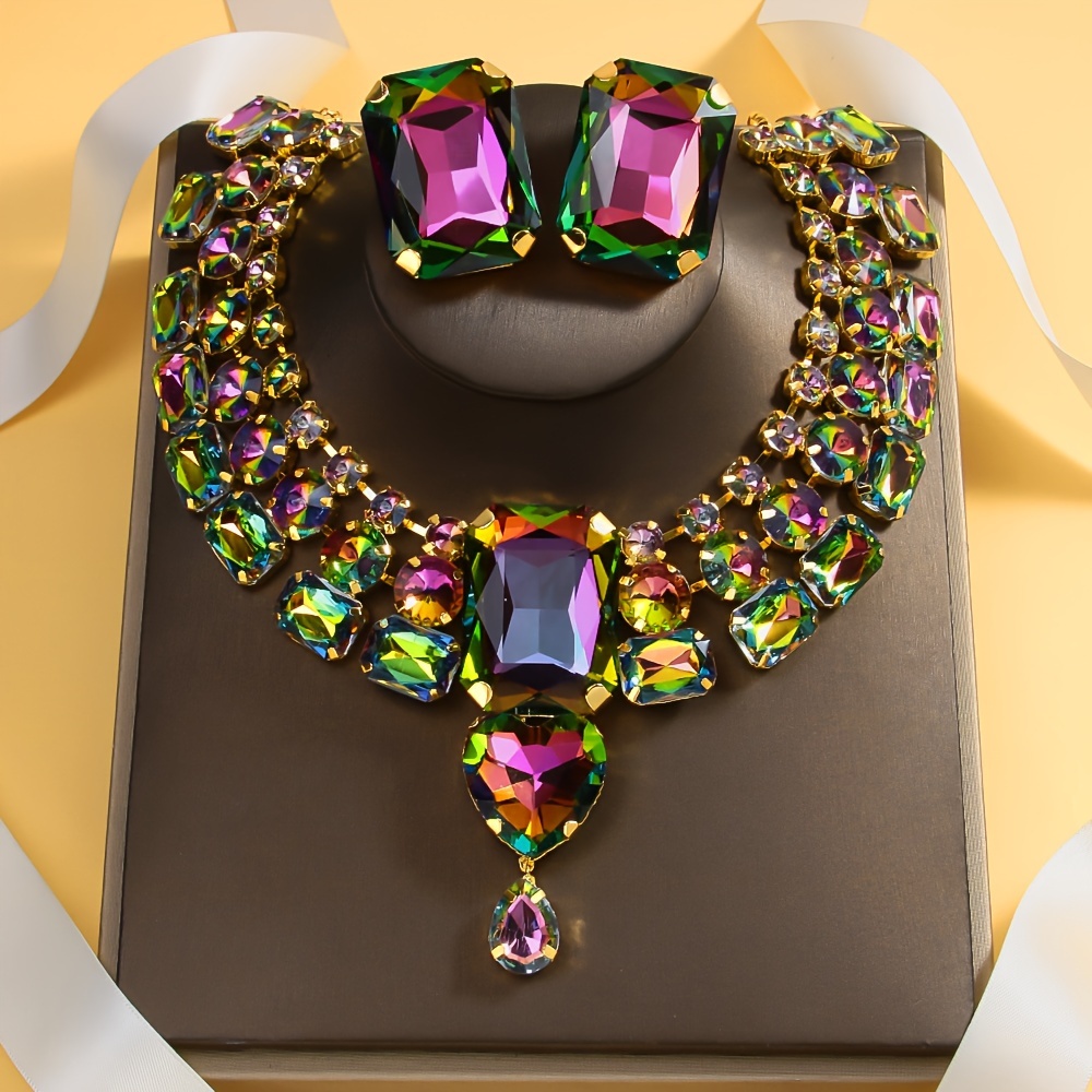 

Vintage Sexy Style Jewelry Set With Uv Plated Copper Multicolor Resin Gemstones, Square Earrings And Multi-layer Teardrop Collar Necklace For Daily And Party Occasions