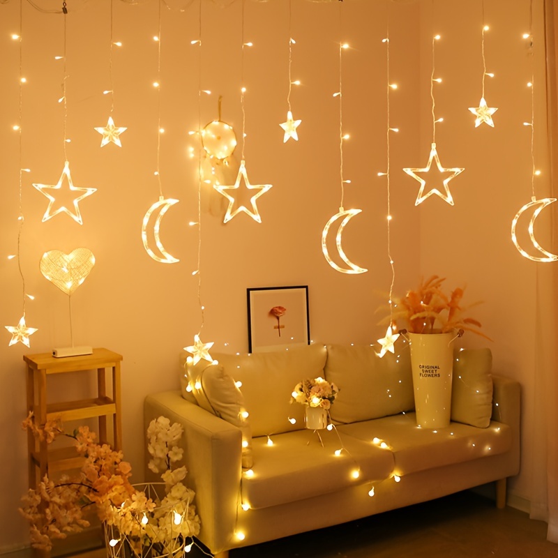 1pc usb powered led star and moon curtain lights warm white fairy string lights for bedroom living room window party christmas ramadan decor contemporary style plastic material bedroom ambiance lights star moon theme warm   led lights for bedroom